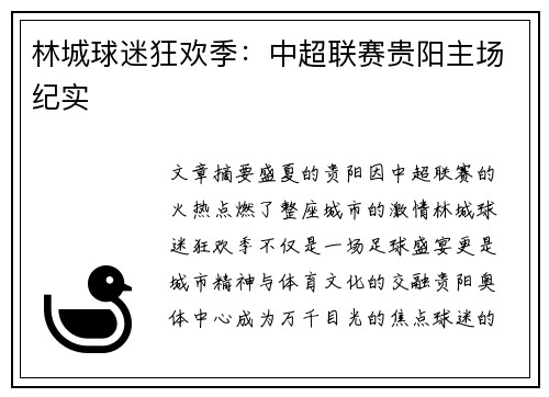 林城球迷狂欢季：中超联赛贵阳主场纪实