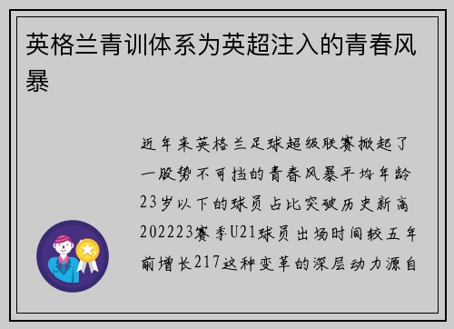 英格兰青训体系为英超注入的青春风暴